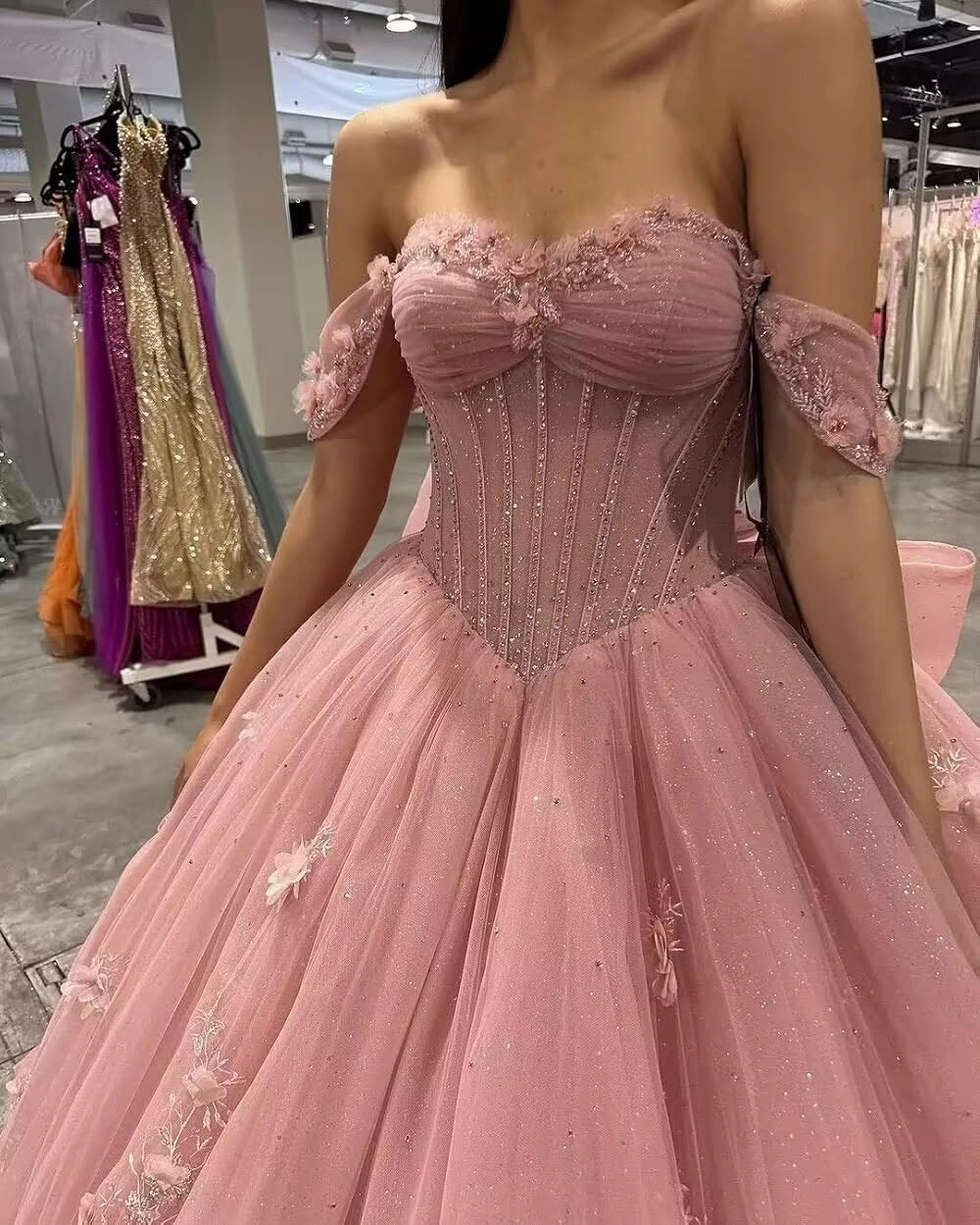 Ftupza 3D Floral Quinceanera Dresses Lace Beaded Party Gowns Off Shoudler Tulle Ball Gown for Sweet 15 16 Dresses