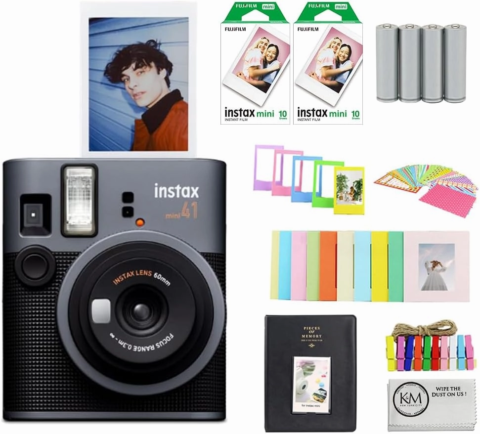 FUJIFILM INSTAX Mini 41 Instant Camera Bundle with Instax Mini Film | 20 Exposures   4 Pack AA Batteries   Album, Borders, Stickers & Clips   Cleaning Cloth (5 Items)