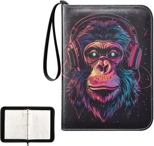 Funny Monkey Colorful Headphones Card Binder 4 Pocket, Trading Card Holder Fits 400 Game Cards with 50 Removable Sleeves, MTG Card Case Standard Size