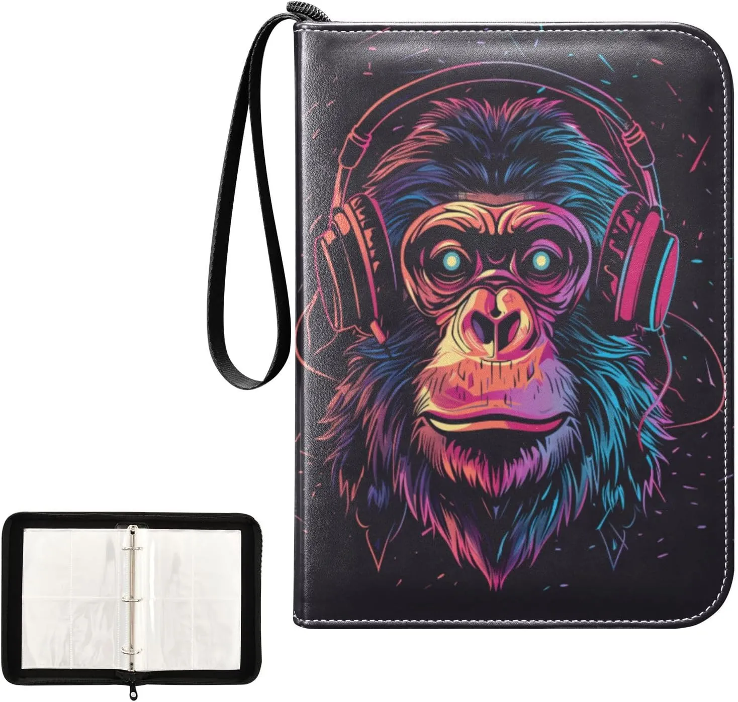 Funny Monkey Colorful Headphones Card Binder 4 Pocket, Trading Card Holder Fits 400 Game Cards with 50 Removable Sleeves, MTG Card Case Standard Size