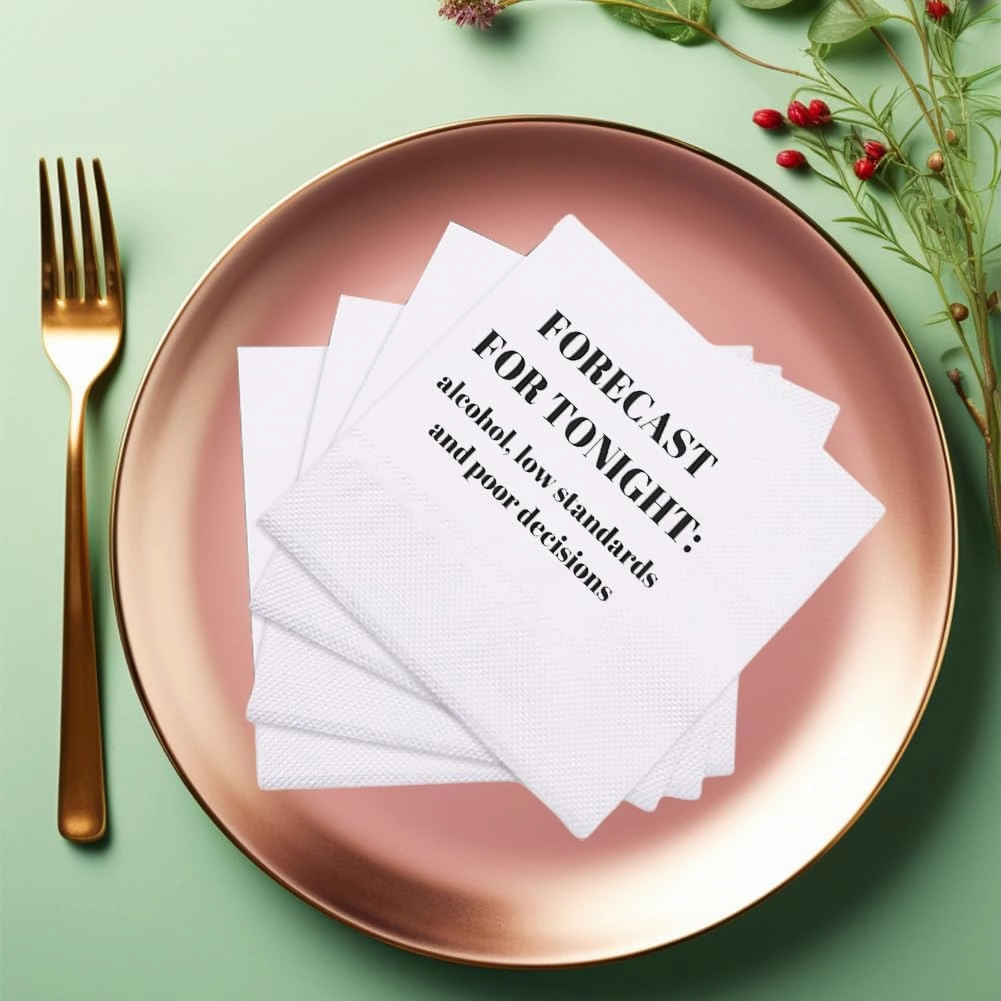 Funny Cocktail Napkins 100Pcs Funny Quotes Saying Disposable Paper Party Napkins 4.5 x 4.5 Two-ply (Forecast For Tonight: Alcohol, Low Standards, and Poor Decisions Napkins)