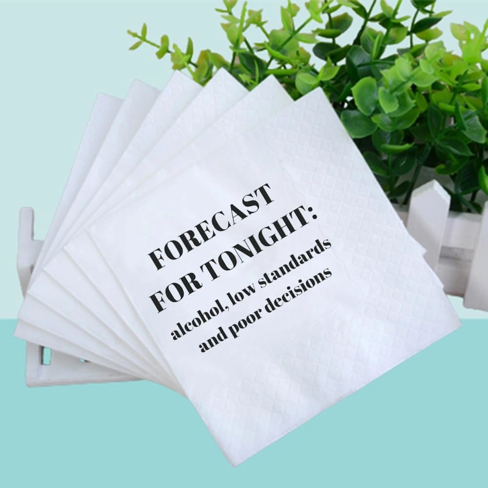 Funny Cocktail Napkins 100Pcs Funny Quotes Saying Disposable Paper Party Napkins 4.5 x 4.5 Two-ply (Forecast For Tonight: Alcohol, Low Standards, and Poor Decisions Napkins)