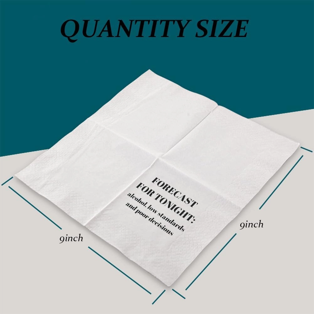Funny Cocktail Napkins 100Pcs Funny Quotes Saying Disposable Paper Party Napkins 4.5 x 4.5 Two-ply (Forecast For Tonight: Alcohol, Low Standards, and Poor Decisions Napkins)