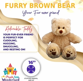 Furry Brown Bear Plush 16 inch – Soft Stuffed Animal Teddy Bear Toy for Kids, Toddlers, Babies, Cuddly Large Brown Bear Stuffed Plushie Gift for Boys, Girls, and Collectors