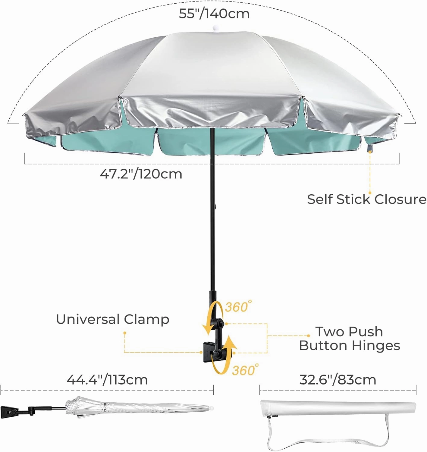 G4Free UPF 50  Universal Clamp On Umbrella Adjustable Outdoor UV Protection Beach Chair Umbrella for Strollers, Wheelchairs, Patio Chairs, and Golf Carts