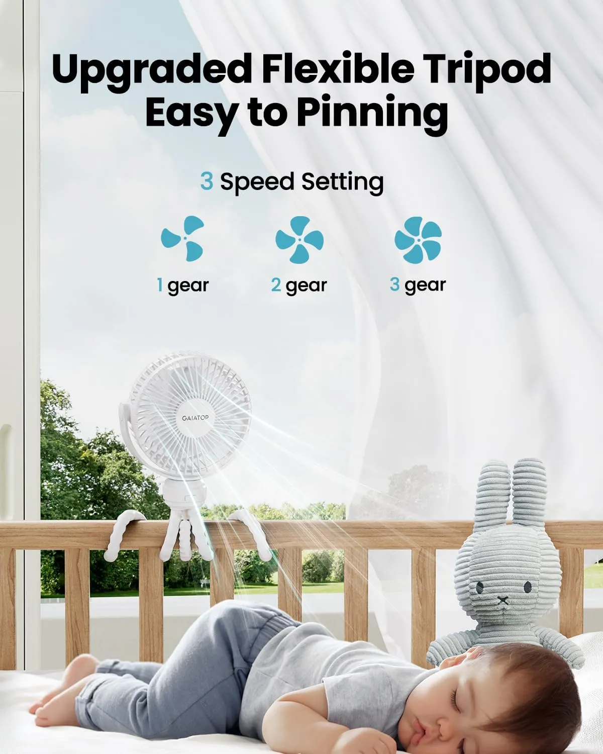 Gaiatop Mini Portable Stroller Fan, Battery Operated Small Clip on, Detachable 3 Speed Rechargeable, 360° Rotate Flexible Tripod Better Cooling for Car Seat Crib Treadmill Travel White