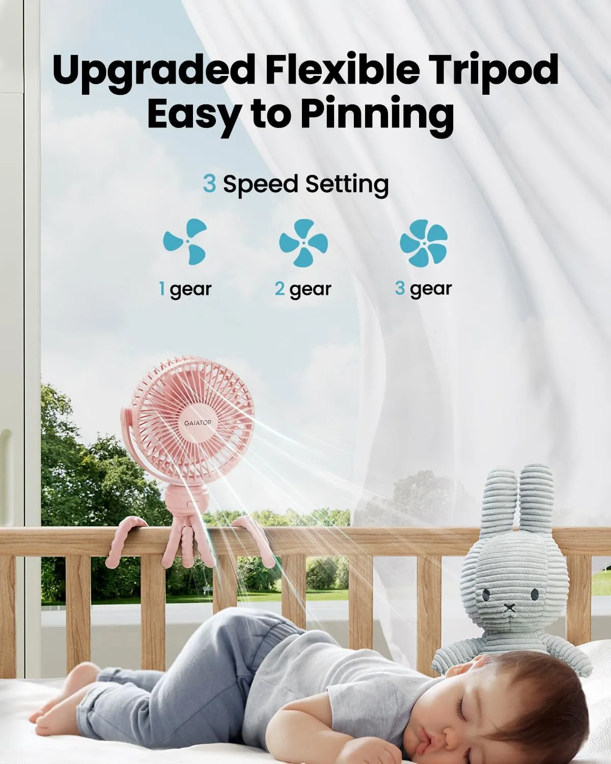 Gaiatop Mini Portable Stroller Fan, Battery Operated Small Clip on Fan, Detachable 3 Speed Rechargeable 360° Rotate Flexible Tripod Handheld Desk Cooling Fan for Car Seat Crib Treadmill Travel Pink