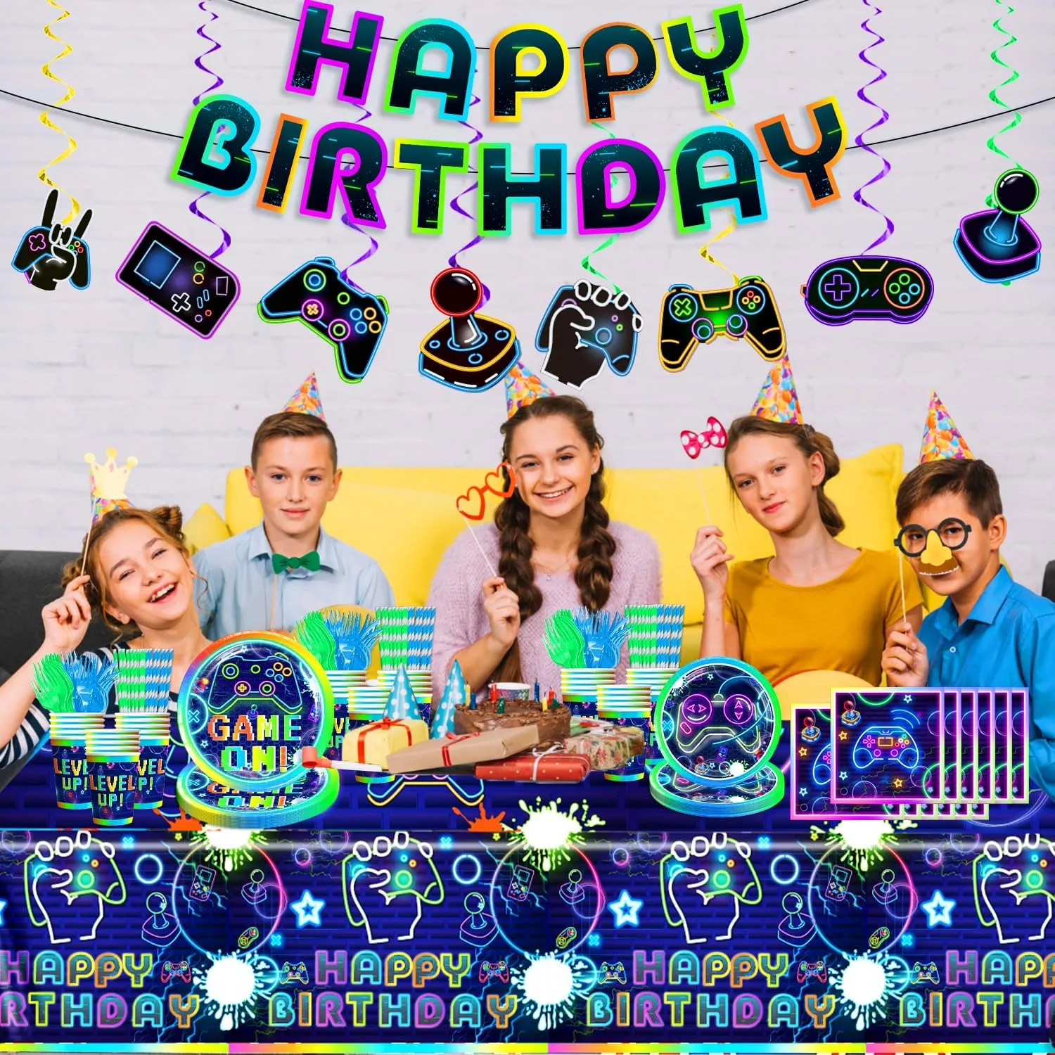 Gamer Birthday Party Decorations, Budget-Friendly Disposable Tableware Set, Durable 300gsm Plates, Eco-Friendly Paper Straws, Waterproof Tablecloth for Game Theme Birthday Party