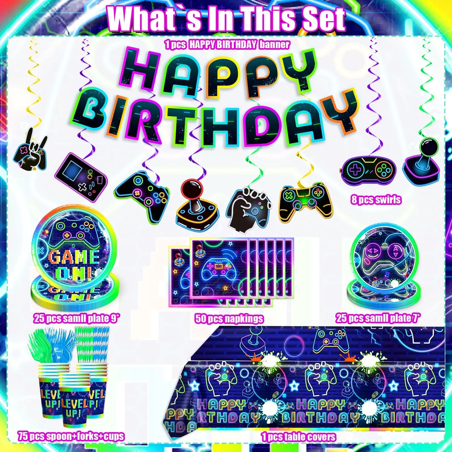 Gamer Birthday Party Decorations, Budget-Friendly Disposable Tableware Set, Durable 300gsm Plates, Eco-Friendly Paper Straws, Waterproof Tablecloth for Game Theme Birthday Party