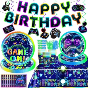 Gamer Birthday Party Decorations, Budget-Friendly Disposable Tableware Set, Durable 300gsm Plates, Eco-Friendly Paper Straws, Waterproof Tablecloth for Game Theme Birthday Party