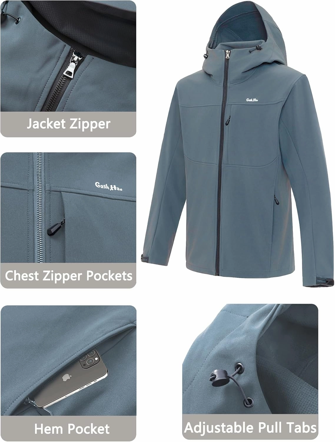 Gash Hao Mens Lightweight Softshell Waterproof Jacket Hooded Fleece Lined Warm Rain Hiking Outdoor Jacket Windbreaker
