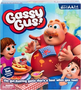 Gassy Gus, The interactive gut-busting game that's a hoot when you toot! Feed Gus gassy foods, but watch out for the big blast of gas! Packed with hilarious sounds, it's Ideal for 2-4 players ages 4 