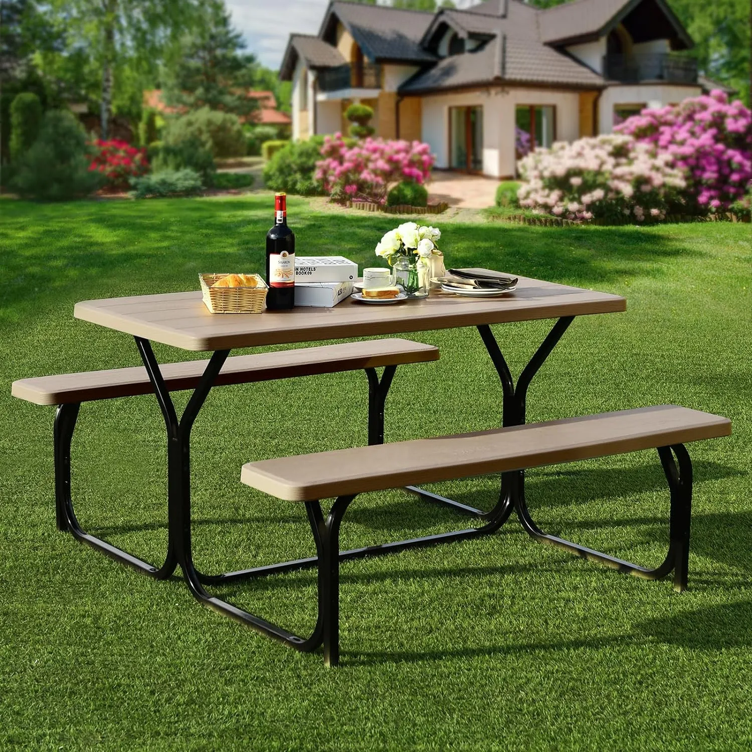 Giantex Picnic Table Bench Set Outdoor Camping All Weather Metal Base Wood-Like Texture Backyard Poolside Dining Party Garden Patio Lawn Deck Furniture Large Camping Picnic Tables for Adult