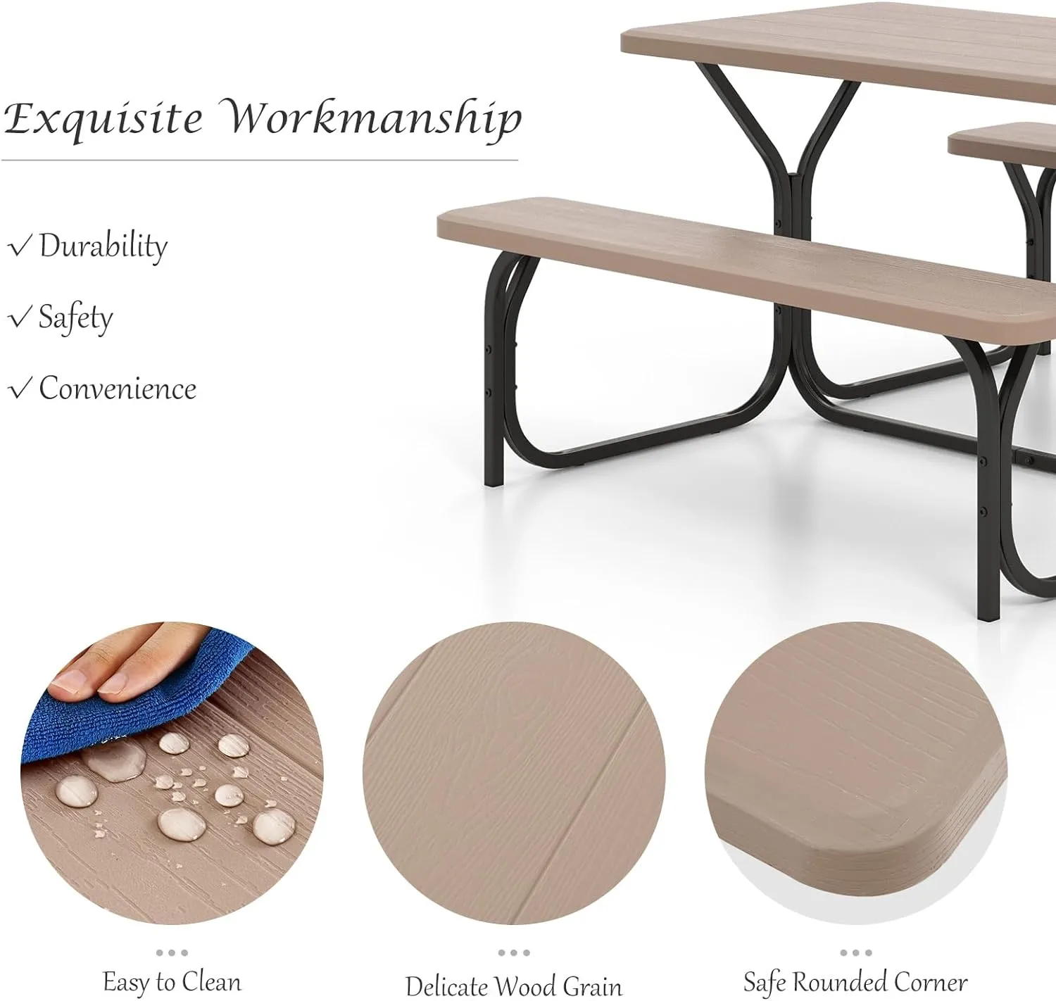 Giantex Picnic Table Bench Set Outdoor Camping All Weather Metal Base Wood-Like Texture Backyard Poolside Dining Party Garden Patio Lawn Deck Furniture Large Camping Picnic Tables for Adult