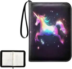 Glowing Unicorn Galaxy Colorful Card Binder 4 Pocket, Trading Card Holder Fits 400 Game Cards with 50 Removable Sleeves, MTG Card Case Standard Size