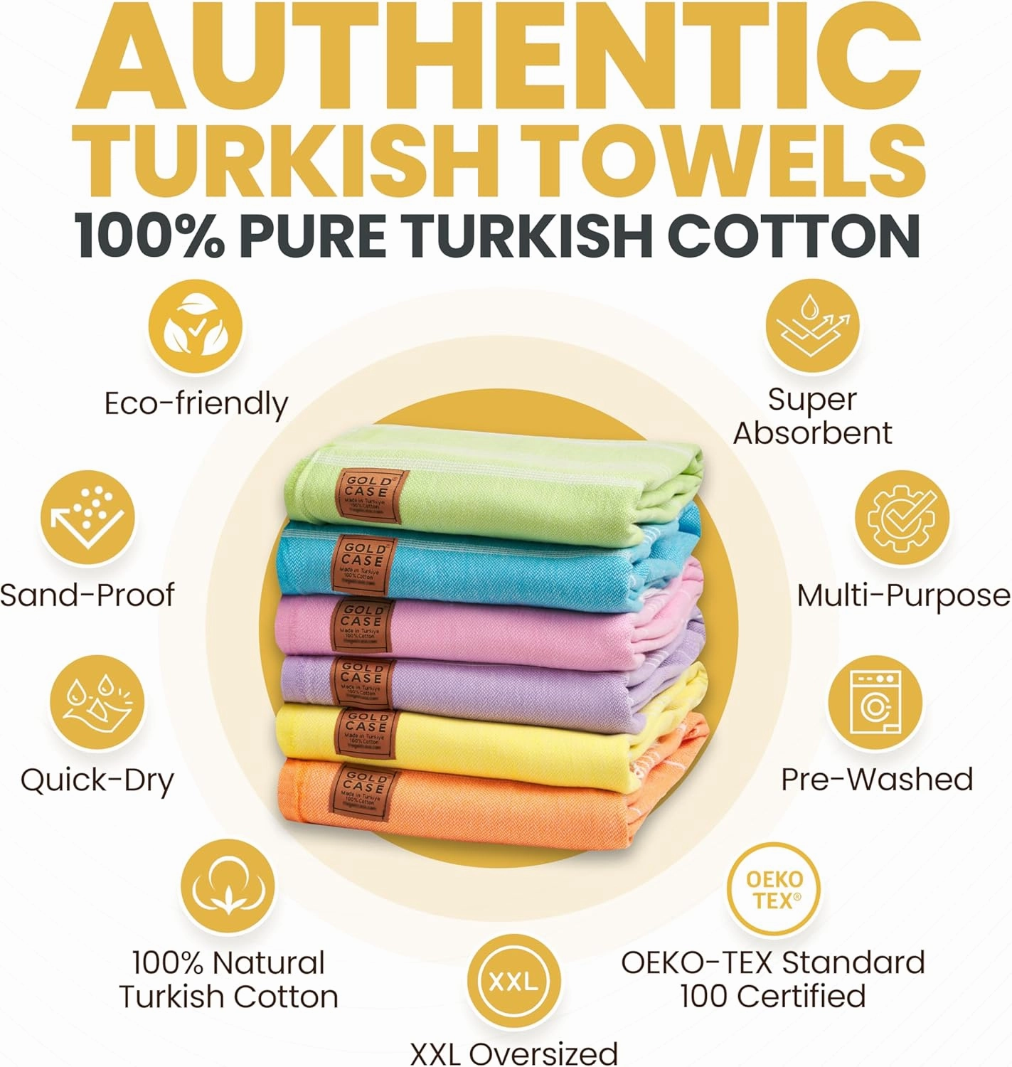 Gold CASE Turkish Beach Towel Set of 6 – 100% Cotton Large Turkish Bath Towels 70 x 38'' – LYCIA Oversized, Quick Dry & Sand Free Towels – Lightweight Peshtemal – MultiColor2