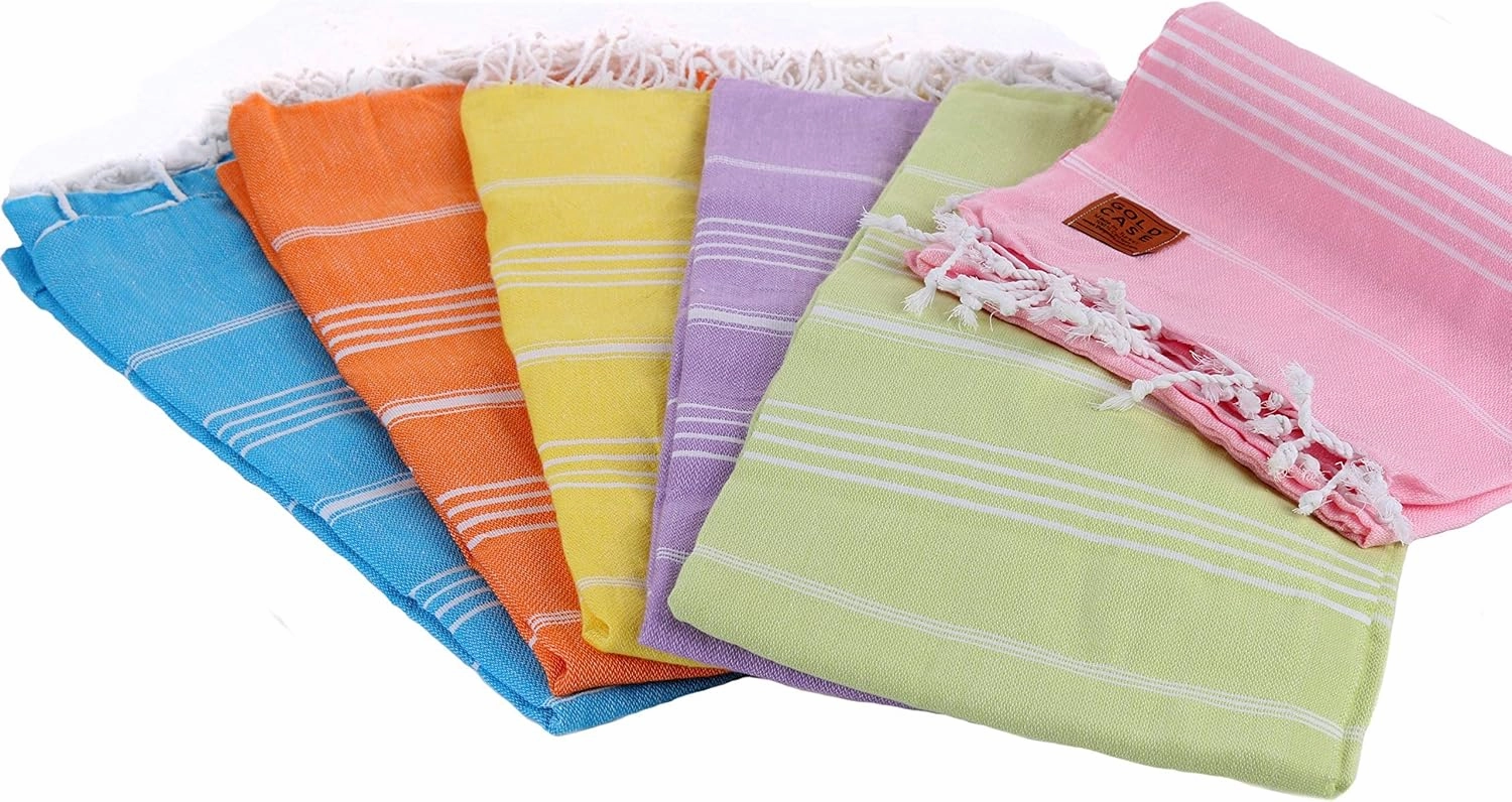 Gold CASE Turkish Beach Towel Set of 6 – 100% Cotton Large Turkish Bath Towels 70 x 38'' – LYCIA Oversized, Quick Dry & Sand Free Towels – Lightweight Peshtemal – MultiColor2