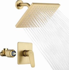 Gold Shower Head and Valve Set Single Spray Premium Wall Mount 8 Inch Rainfall Squre 1 Handle Shower Faucet with Rough-in Valves and Knob Kit for Bathroom Mixer （1.8GPM)