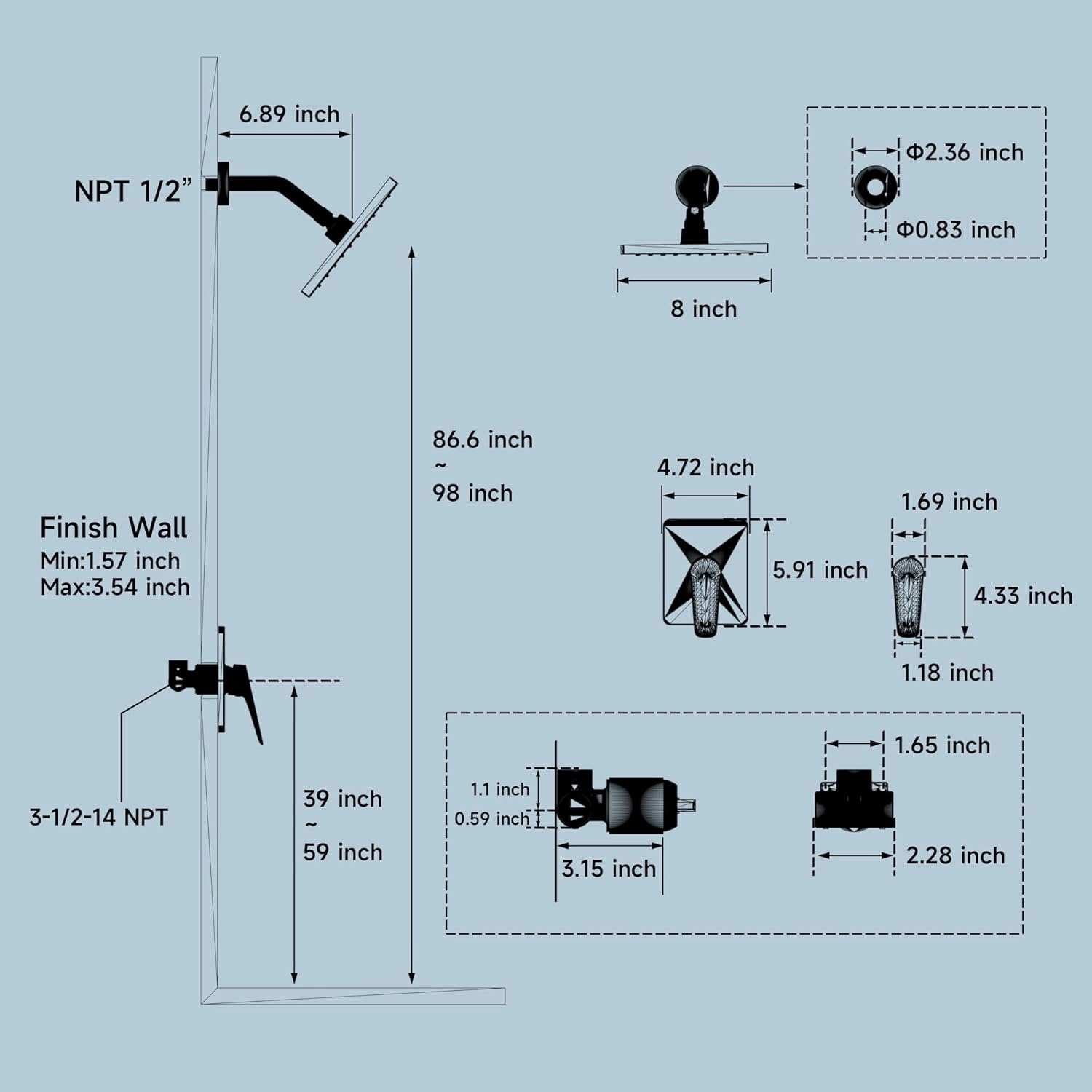 Gold Shower Head and Valve Set Single Spray Premium Wall Mount 8 Inch Rainfall Squre 1 Handle Shower Faucet with Rough-in Valves and Knob Kit for Bathroom Mixer （1.8GPM)