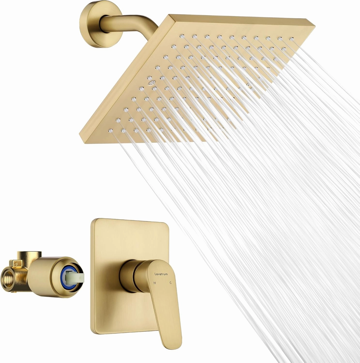 Gold Shower Head and Valve Set Single Spray Premium Wall Mount 8 Inch Rainfall Squre 1 Handle Shower Faucet with Rough-in Valves and Knob Kit for Bathroom Mixer （1.8GPM)