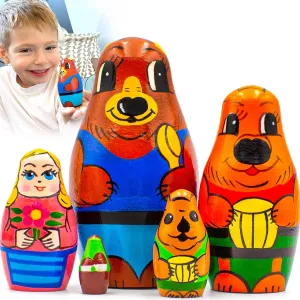Goldilocks Nesting Dolls Set of 5 pcs - Matryoshka Doll with Characters from Fairy Tale Goldilocks and The Three Bears