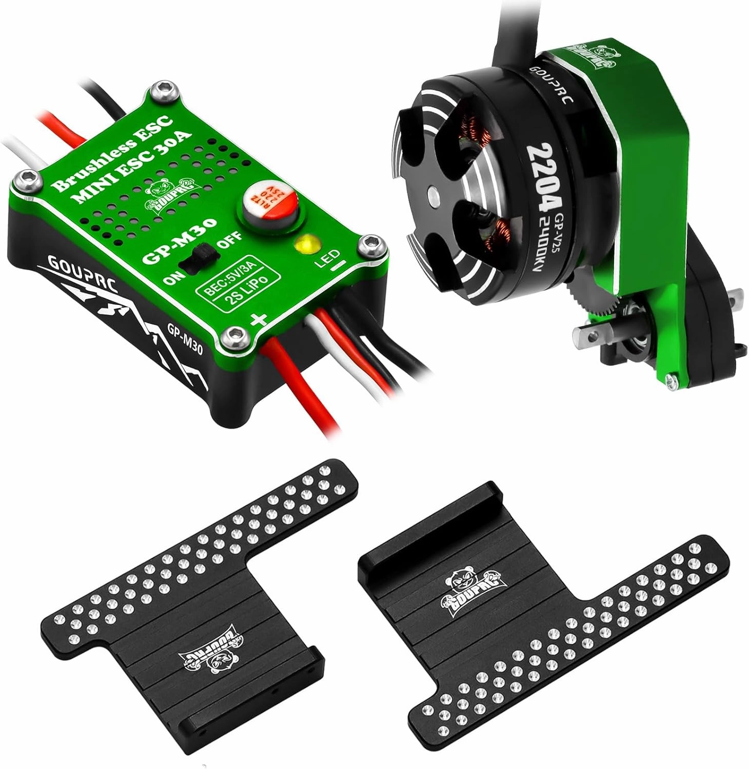 GOUPRC 2204 2400KV Brushless Outrunner Motor with Transmission & 30A Brushless Mini Esc with Pedals Kit for SCX24 Axial 1/24 Remote Control Crawler Truck Car Black Green