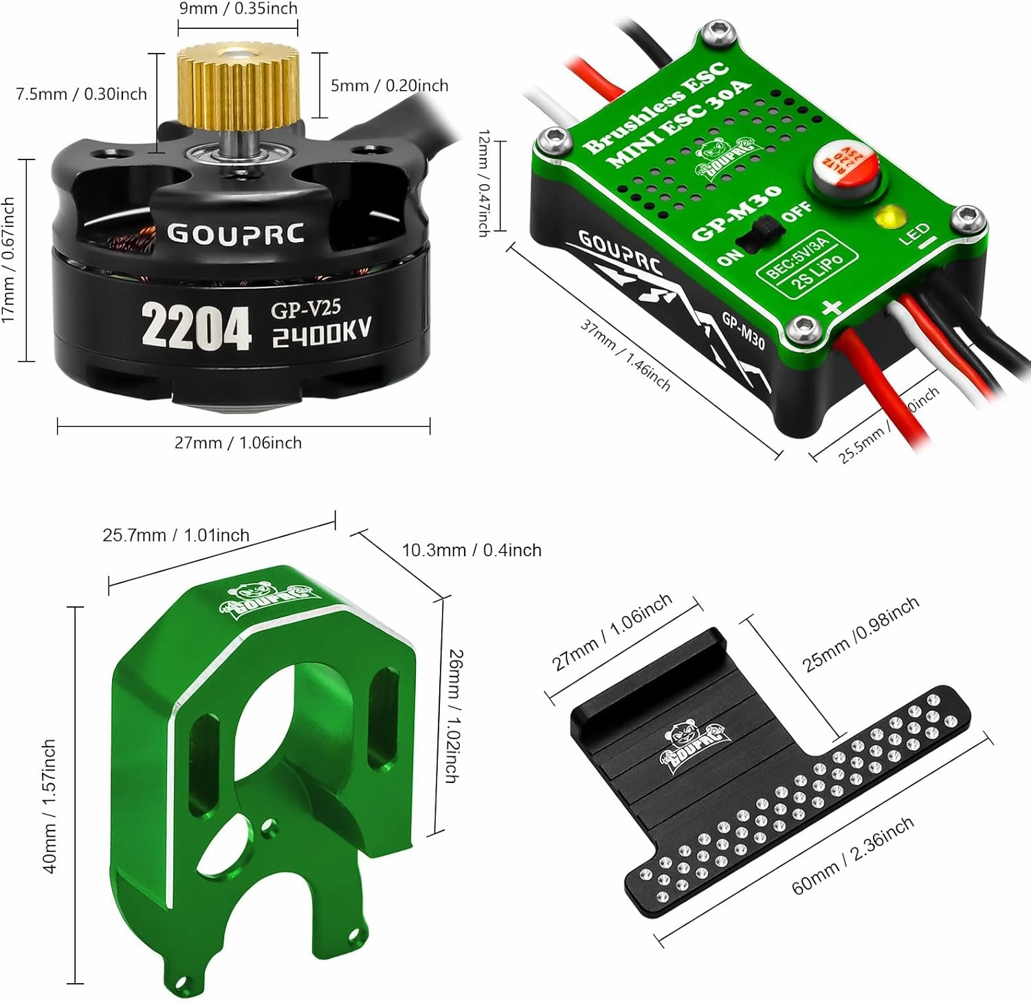 GOUPRC 2204 2400KV Brushless Outrunner Motor with Transmission & 30A Brushless Mini Esc with Pedals Kit for SCX24 Axial 1/24 Remote Control Crawler Truck Car Black Green