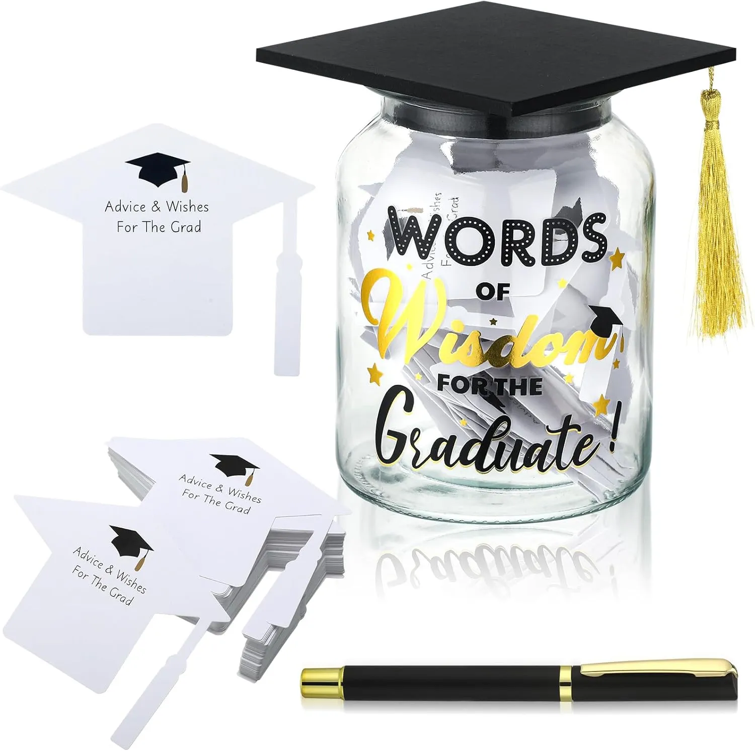 Graduation Wish Jar Set Include 60 Graduation Advice Cards and Pen, Words of Wisdom Grad Jar Best Wishes, Class of 2025 Wish Jar for High School College Grad Party Favors