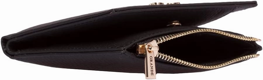 grande 2805 Genuine Leather Small Bifold Wallet For Women Minimalist Wallet Ladies Zippered Mini Purse Small Card Holder (Black)