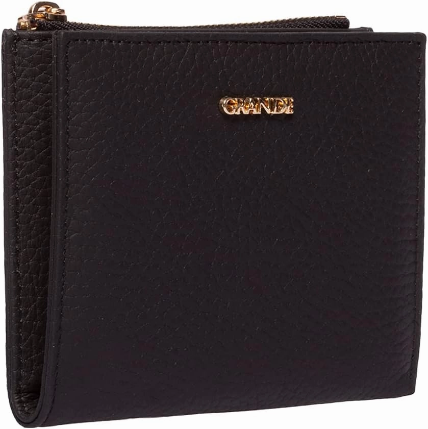 grande 2805 Genuine Leather Small Bifold Wallet For Women Minimalist Wallet Ladies Zippered Mini Purse Small Card Holder (Black)