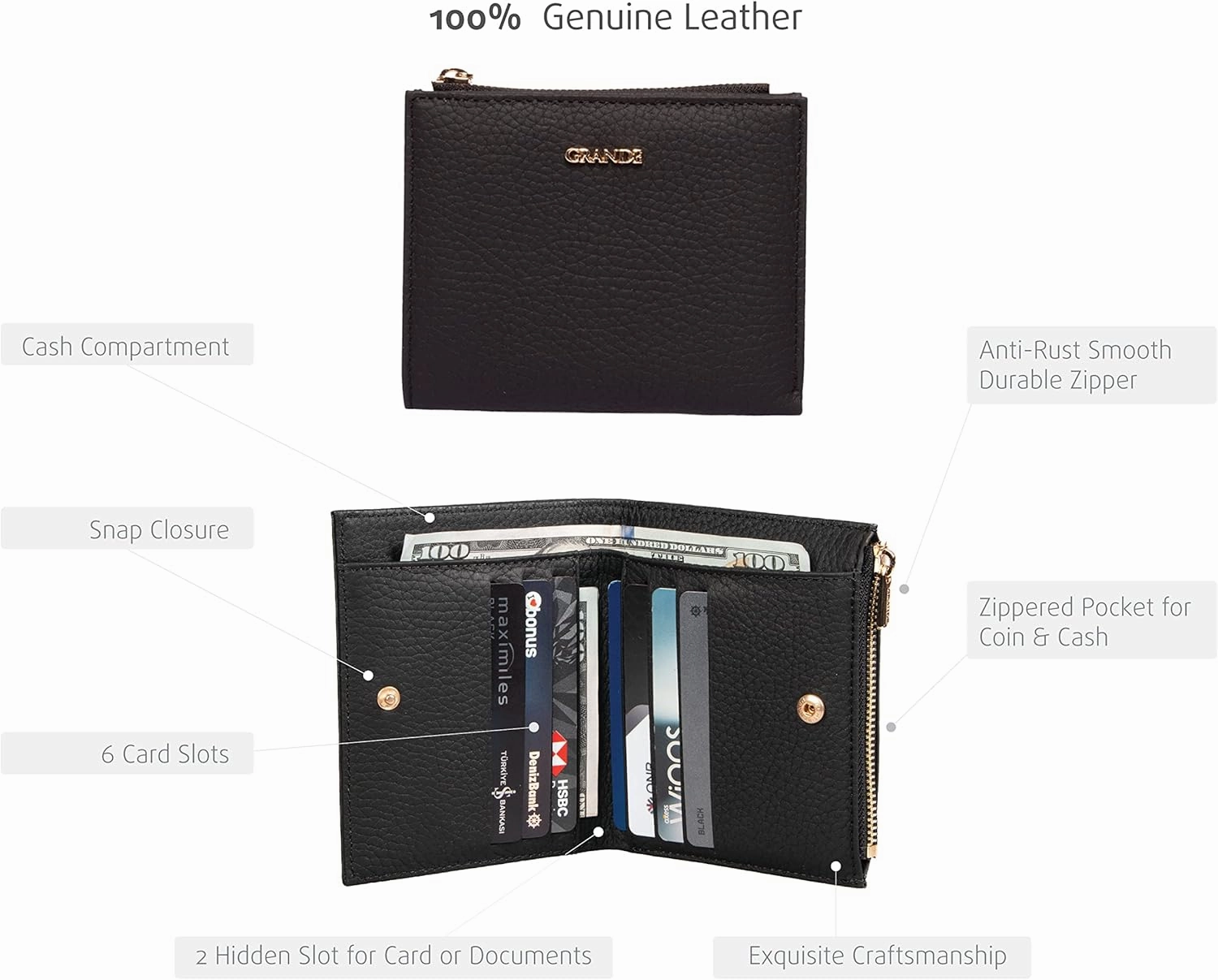 grande 2805 Genuine Leather Small Bifold Wallet For Women Minimalist Wallet Ladies Zippered Mini Purse Small Card Holder (Black)