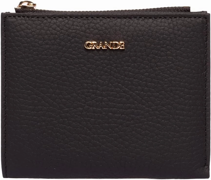 grande 2805 Genuine Leather Small Bifold Wallet For Women Minimalist Wallet Ladies Zippered Mini Purse Small Card Holder (Black)