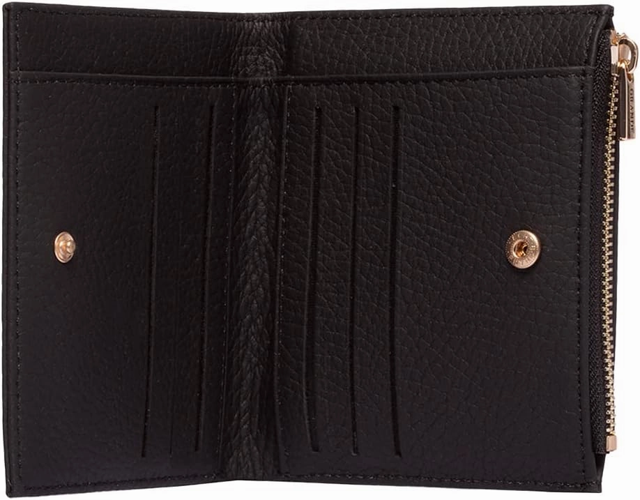 grande 2805 Genuine Leather Small Bifold Wallet For Women Minimalist Wallet Ladies Zippered Mini Purse Small Card Holder (Black)