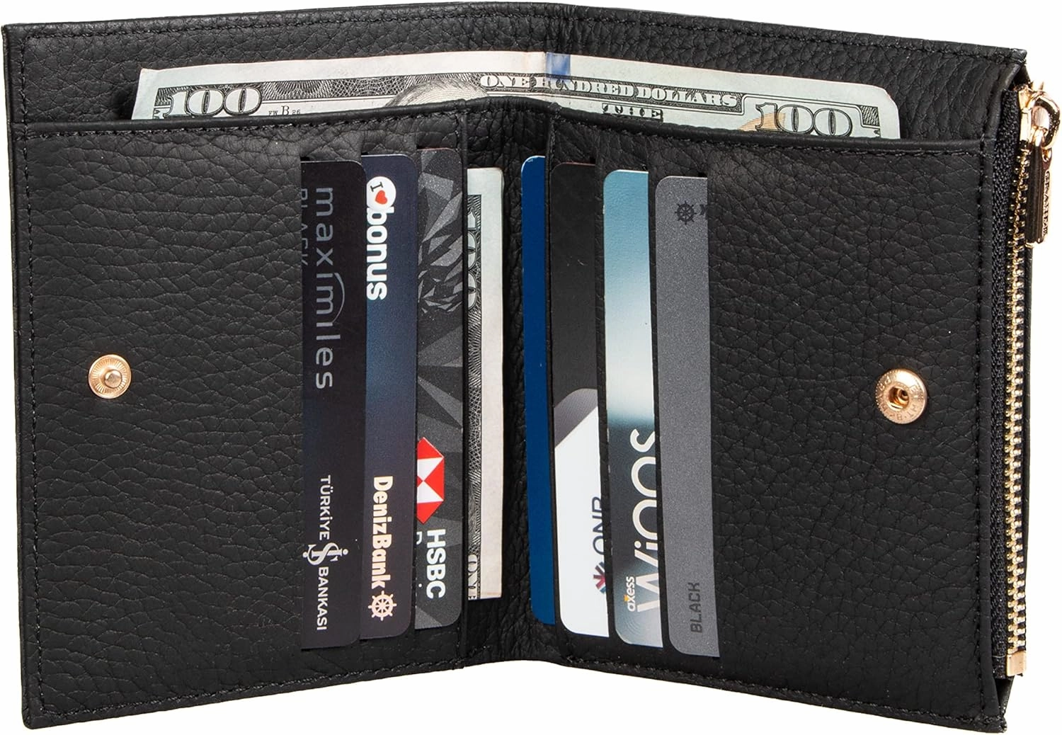 grande 2805 Genuine Leather Small Bifold Wallet For Women Minimalist Wallet Ladies Zippered Mini Purse Small Card Holder (Black)