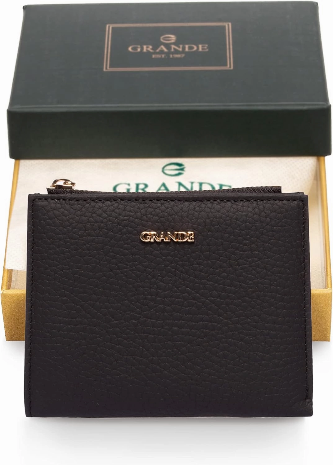 grande 2805 Genuine Leather Small Bifold Wallet For Women Minimalist Wallet Ladies Zippered Mini Purse Small Card Holder (Black)