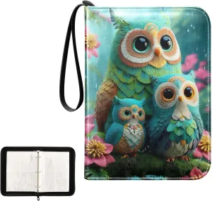Green Colorful Owl Flowers Forest Card Binder 4 Pocket, Trading Card Holder Fits 400 Game Cards with 50 Removable Sleeves, MTG Card Case Standard Size