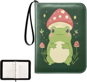 Green Frog Pink Mushroom Card Binder 4 Pocket, Trading Card Holder Fits 400 Game Cards with 50 Removable Sleeves, MTG Card Case Standard Size
