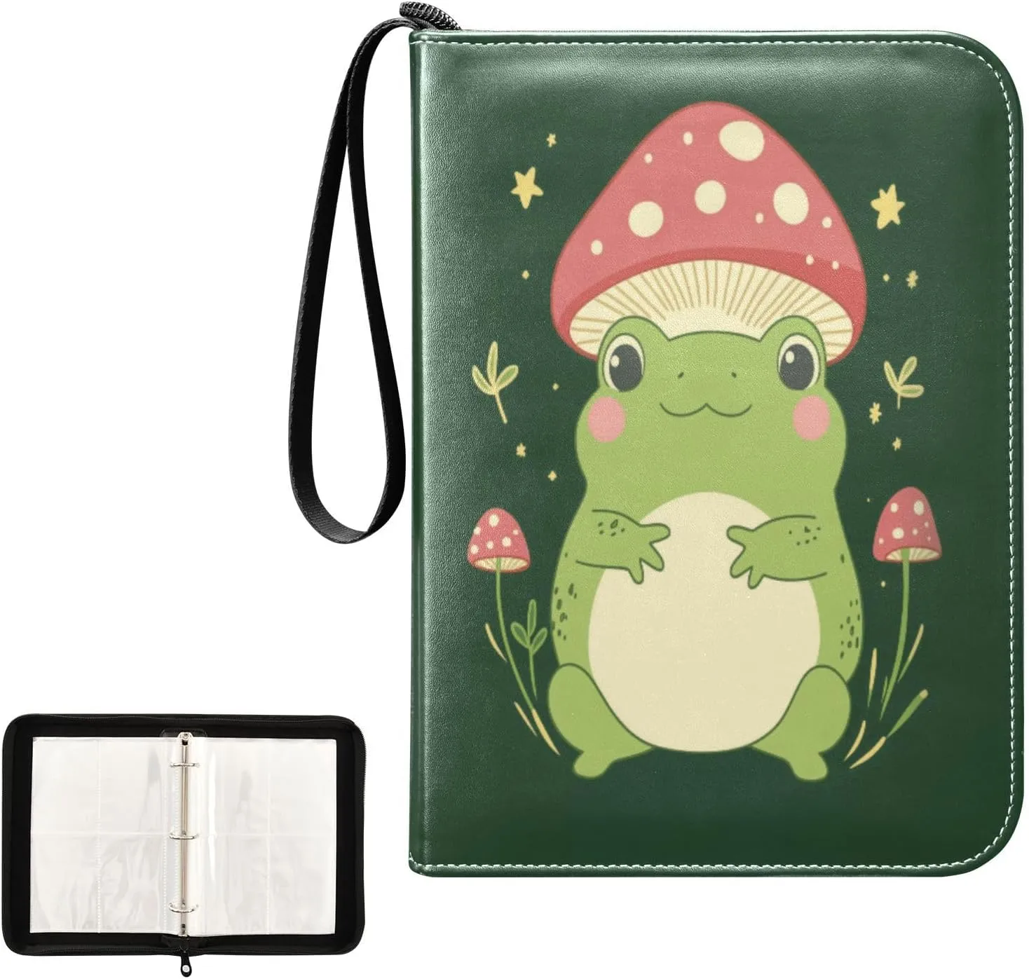 Green Frog Pink Mushroom Card Binder 4 Pocket, Trading Card Holder Fits 400 Game Cards with 50 Removable Sleeves, MTG Card Case Standard Size