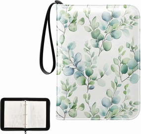Green Eucalyptus Leaf Painting Card Binder 4 Pocket, Trading Card Holder Fits 400 Game Cards with 50 Removable Sleeves, MTG Card Case Standard Size