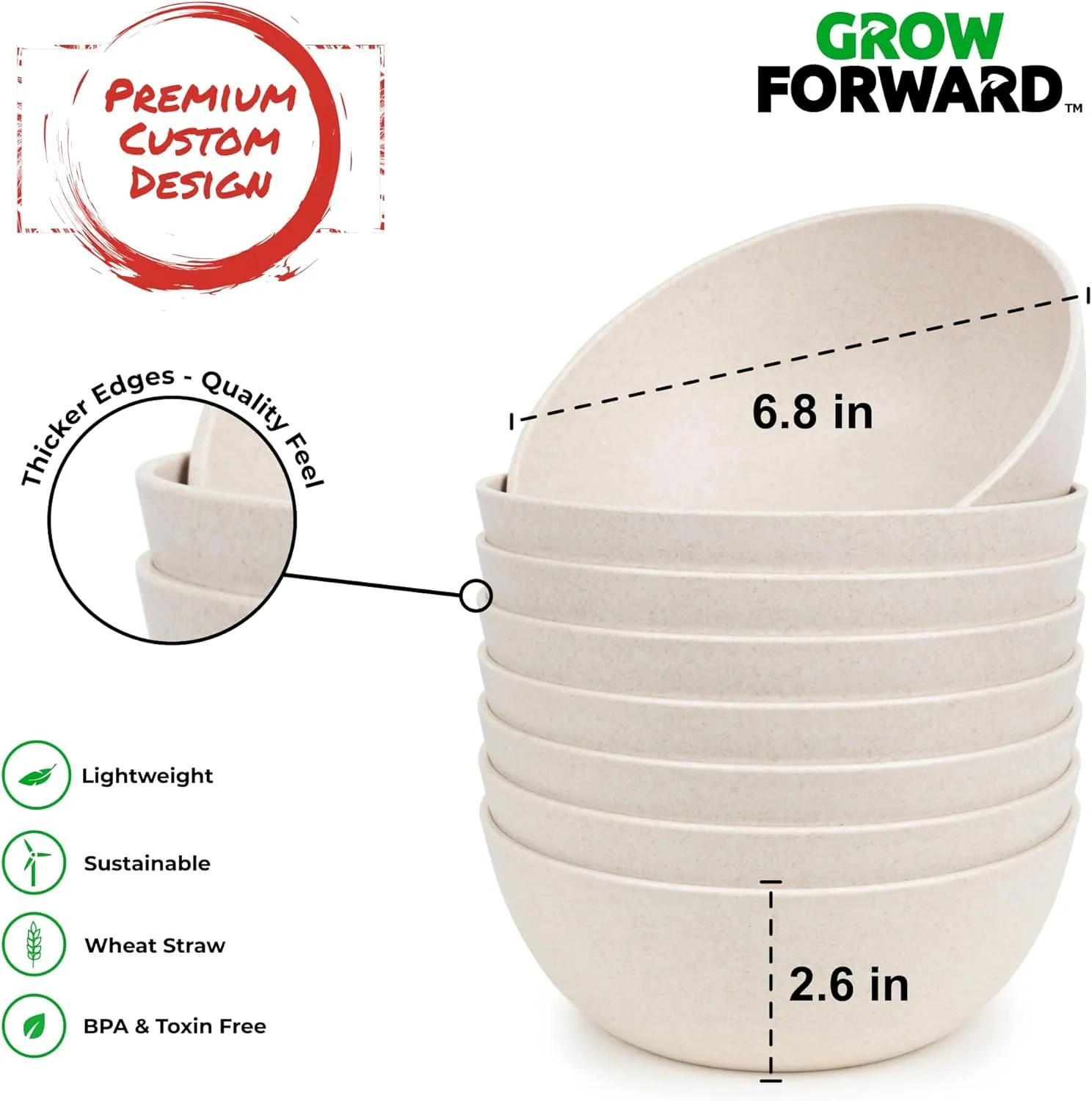 Grow Forward Premium Wheat Straw Bowls - 34oz Microwave Safe Plastic Cereal Bowls Set of 8 for Kitchen, Camping, RV, Dessert, Snack, Soup, Salad, Fruit - Reusable, Unbreakable & BPA Free - Sahara