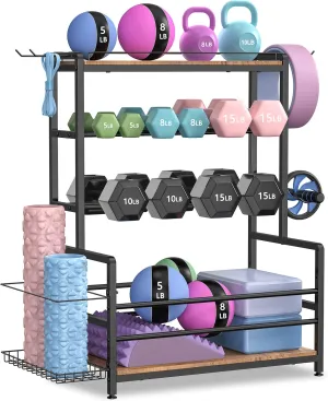Gym Home Equipment Weight Rack – 3‑Tier Workout Storage Stand for Dumbbells & Kettlebells, Medicine Ball Holder, 460 lb Steel Organizer with Yoga Mat Basket, Hooks, Adjustable Feet, 24 x 16 in