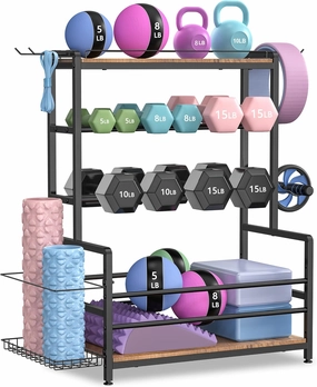 Gym Home Equipment Weight Rack – 3‑Tier Workout Storage Stand for Dumbbells & Kettlebells, Medicine Ball Holder, 460 lb Steel Organizer with Yoga Mat Basket, Hooks, Adjustable Feet, 24 x 16 in