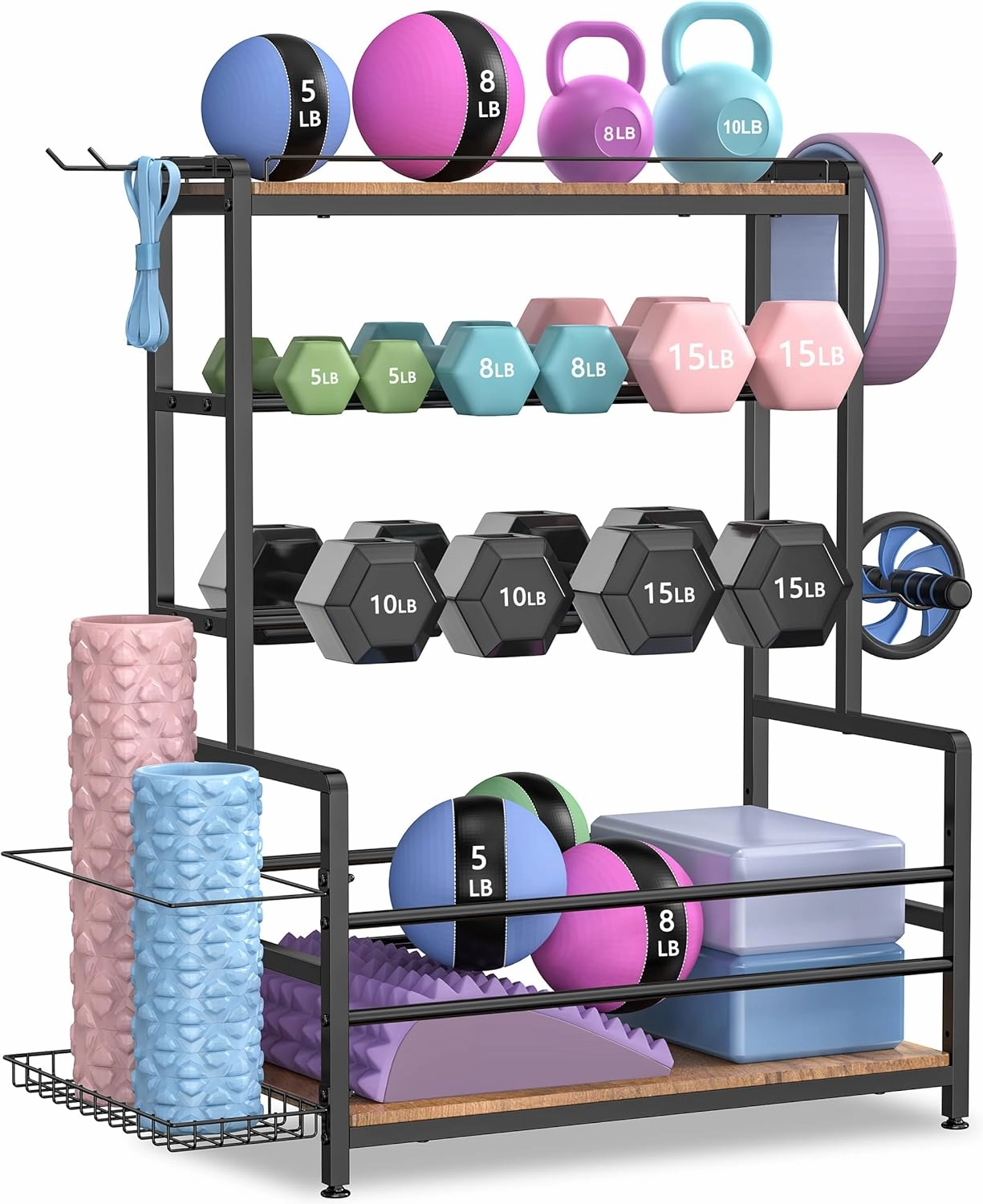 Gym Home Equipment Weight Rack – 3‑Tier Workout Storage Stand for Dumbbells & Kettlebells, Medicine Ball Holder, 460 lb Steel Organizer with Yoga Mat Basket, Hooks, Adjustable Feet, 24 x 16 in