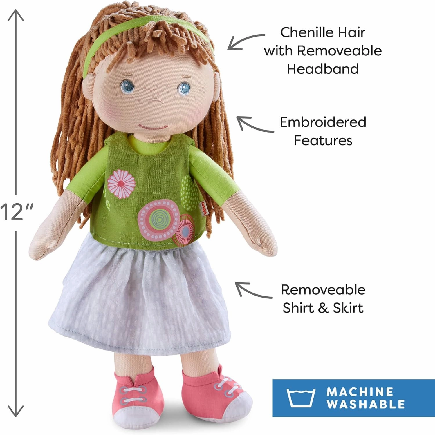 HABA 12" Soft Baby Doll Hedda with Brown Hair, Blue Eyes & Embroidered Face, Washable Toddler Doll for 18 Months 