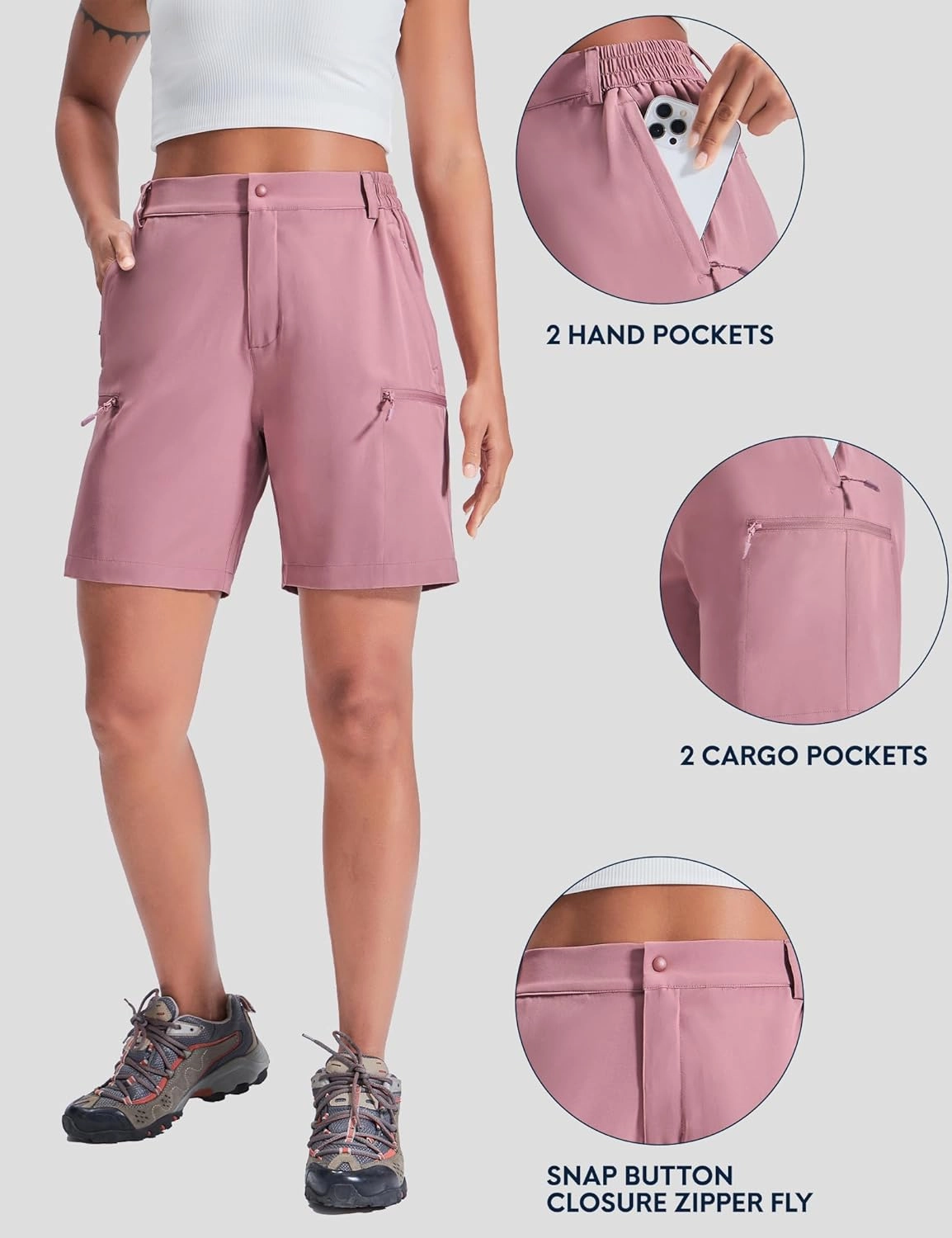 Haimont Women's 7" Hiking Cargo Shorts Quick Dry Lightweight Stretch UV Protection with Zipper Pockets Travel Camping