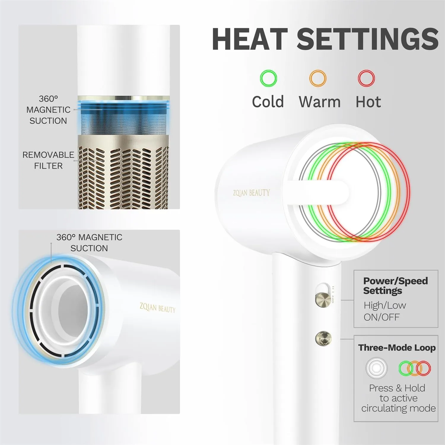 Hair Dryer, 200 Million Negative Ionic Hair Dryer, High-Speed Blow Dryer with 110,000 RPM Brushless Motor, Fast Drying Low Noise Hairdryer with Magnetic Concentrator Nozzle (White)