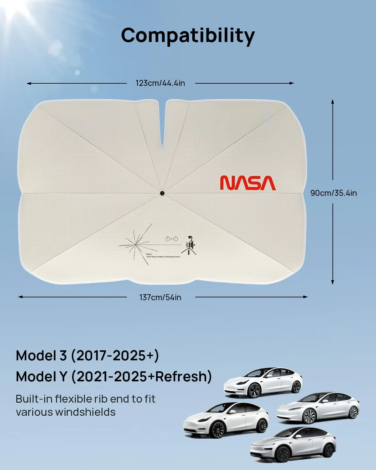 HALOBLK Reinforced Triple-Coated Windshield Sunshade Umbrella of The NASA Voyager-2 Mission Edition Designed for All Tesla Model Y Model 3 (2025 2024 2023 2022 2021) Accessories