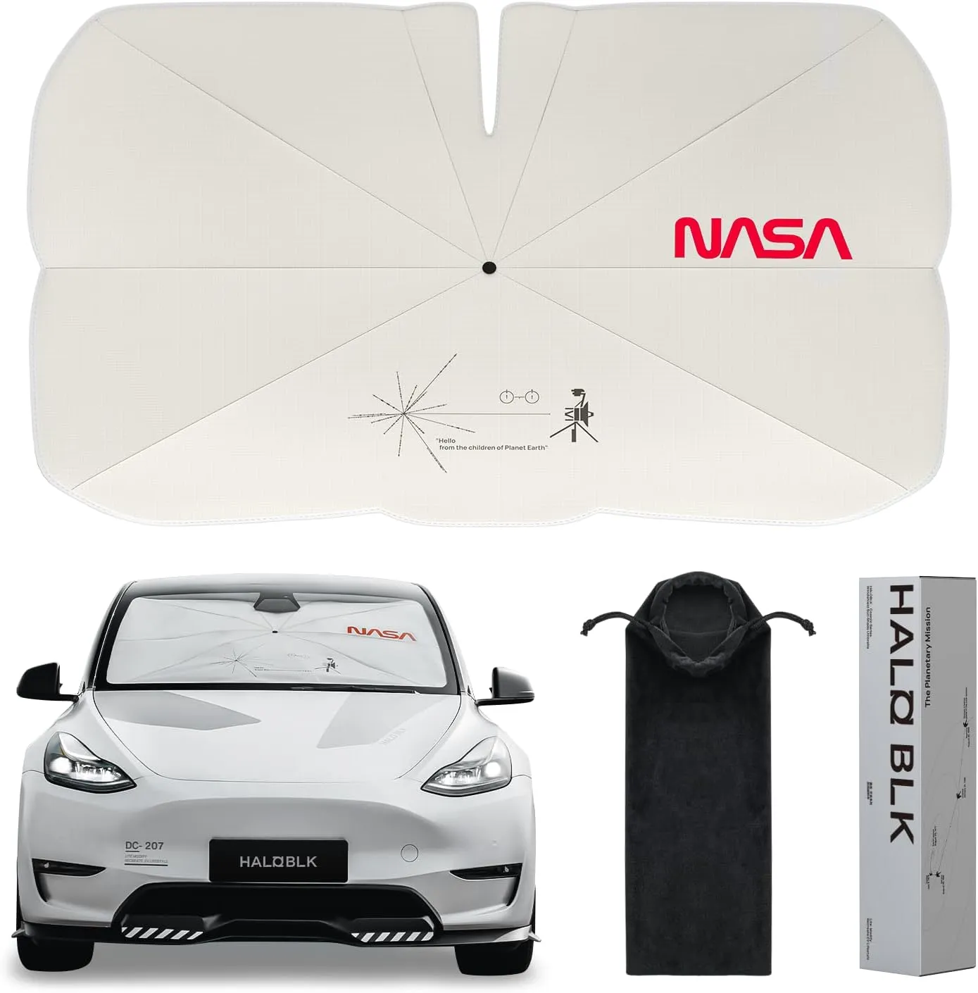 HALOBLK Reinforced Triple-Coated Windshield Sunshade Umbrella of The NASA Voyager-2 Mission Edition Designed for All Tesla Model Y Model 3 (2025 2024 2023 2022 2021) Accessories