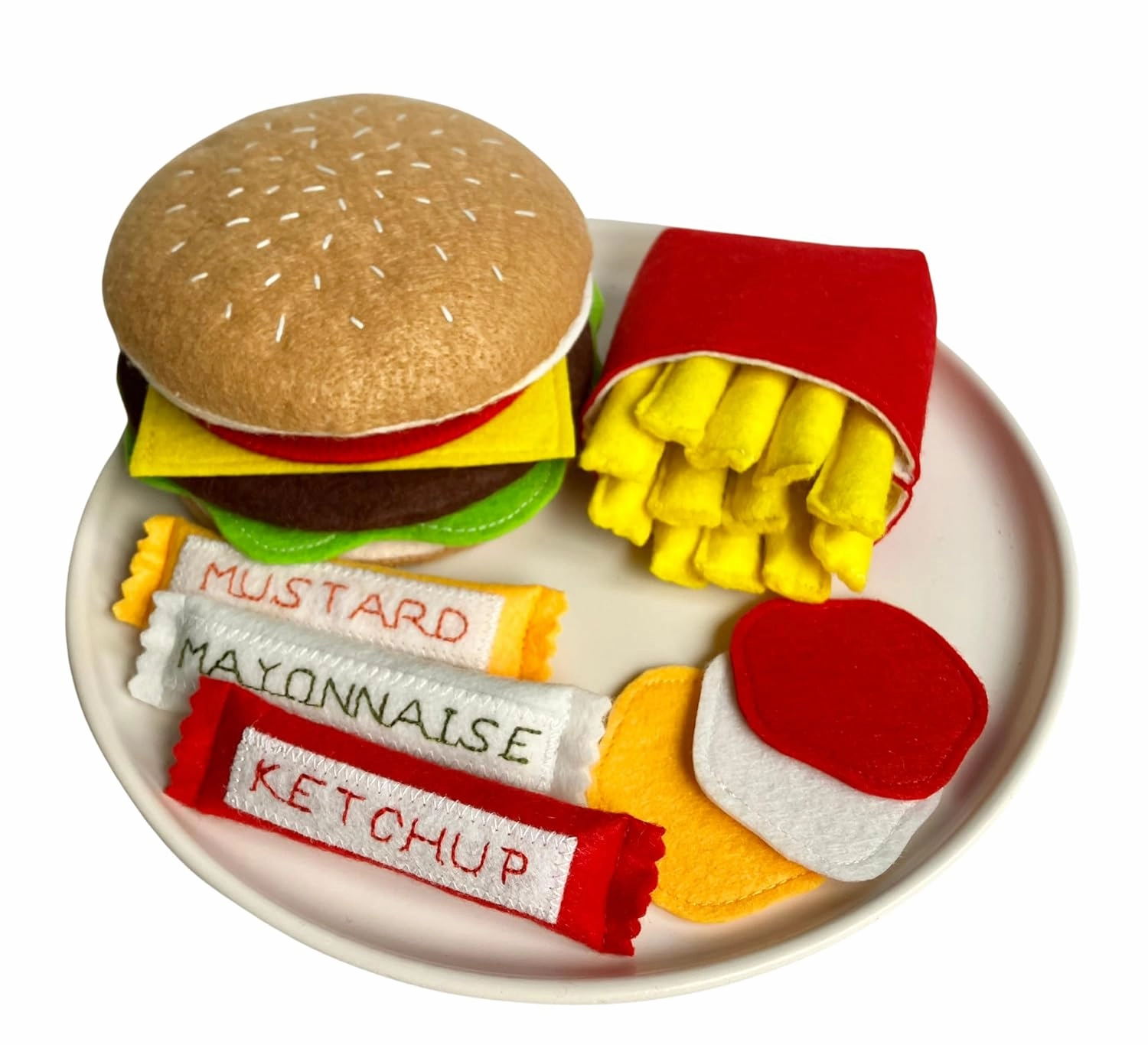 Hamburger & Side Dishes Set (Full Set)/ Handmade Felt Play Food for Toddlers & Kids/Pretend Play/Montessori Educational Kitchen Toys