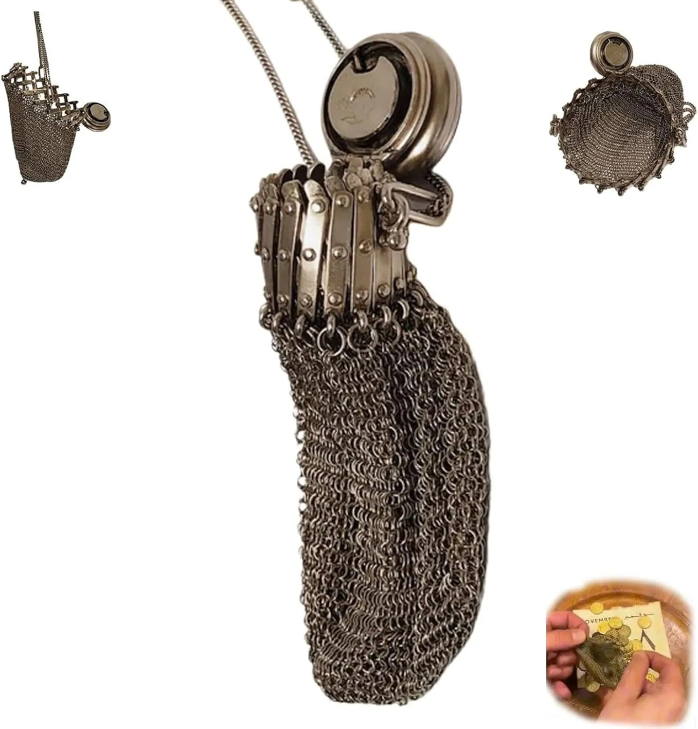 Handmade 1920's English Purse Silver Lid Gate Top Mesh Chatelaine Purse Mini Vintage Double Mesh Holder Rare Collectible Antique Accessor (1, Brown)
